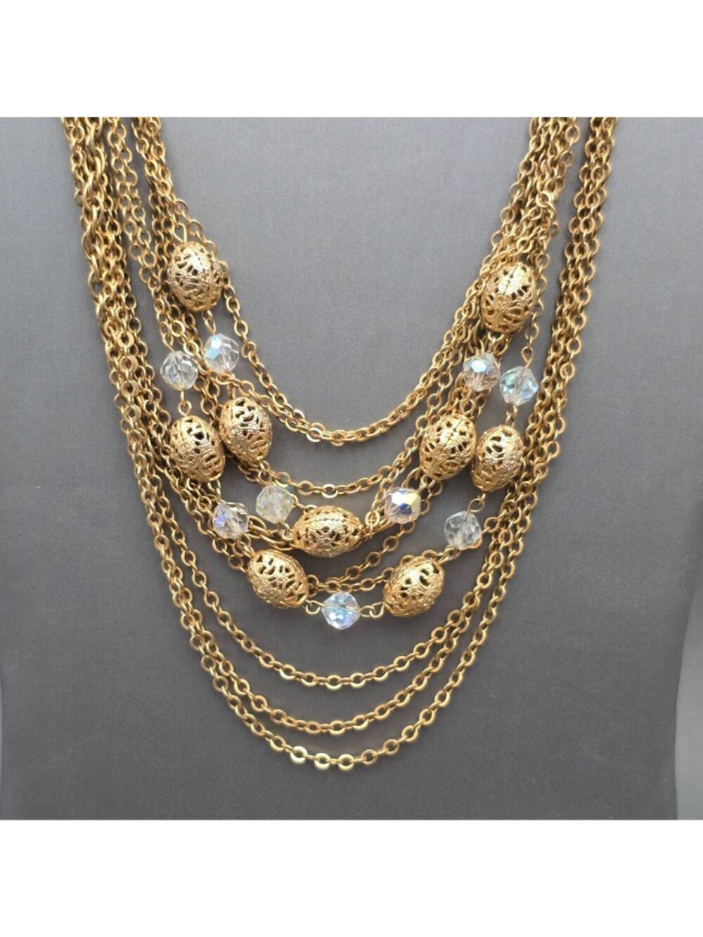 Vintage Gold Tone AB Crystal Multichain Necklace Bracelet Set Demi Parure - Picture 5 of 16